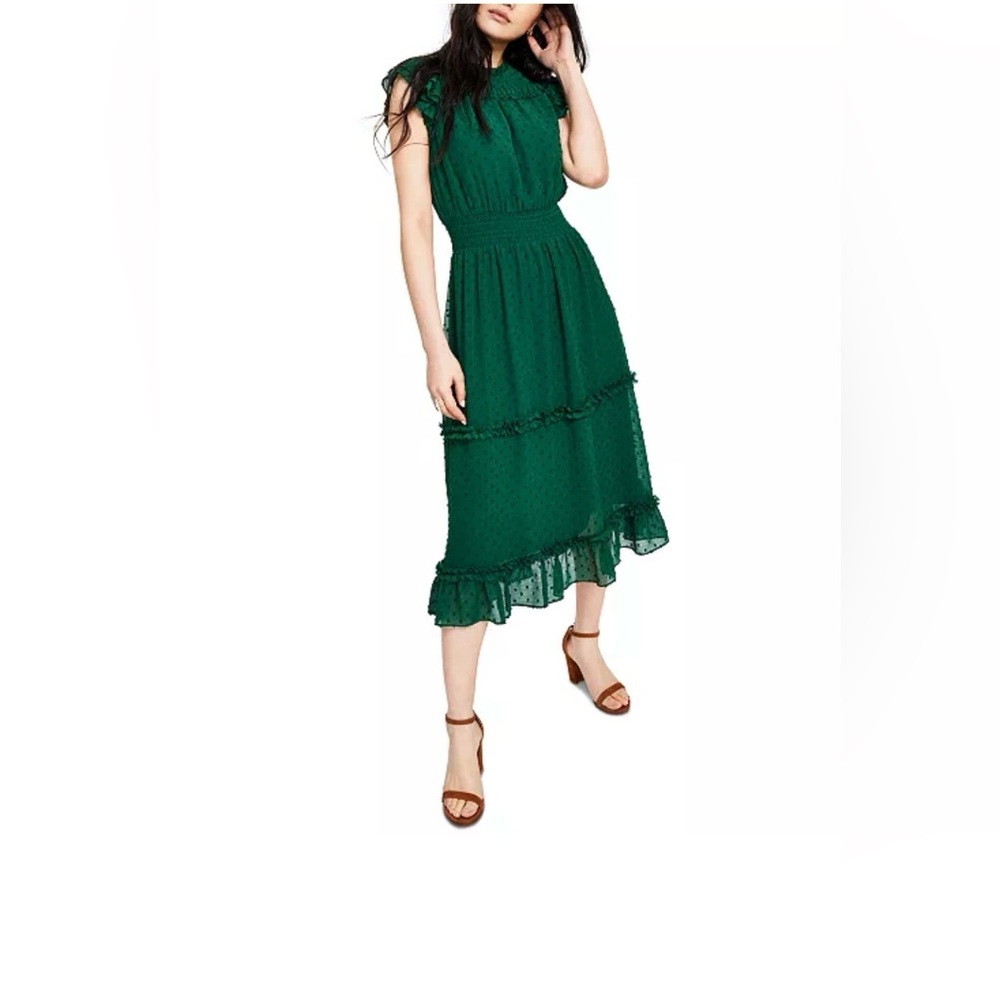 NWT CeCe Women's Green Ruffled Flutter Sleeve Swiss Dot Midi Dress XS sold out
